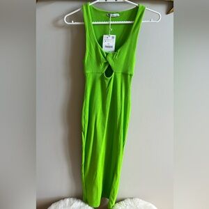 Zara Neon Green Ribbed Midi Dress with Front Knot - Size S